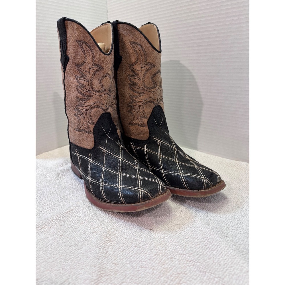 Roper Kids Western Cowboy Boots Black Tan Diamond Stitch Square Toe Size 5
